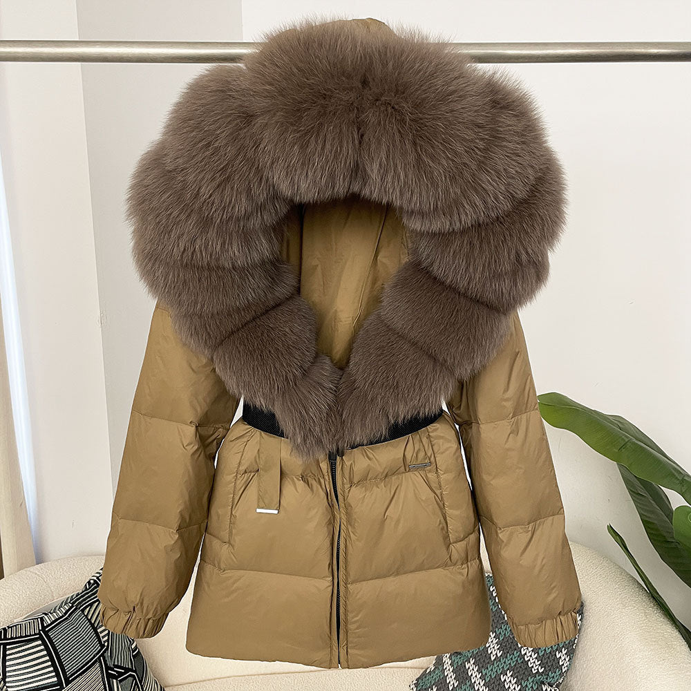 Oversized Real Fox Fur Collar Hooded White Duck Down Jacket - YLORESHOP