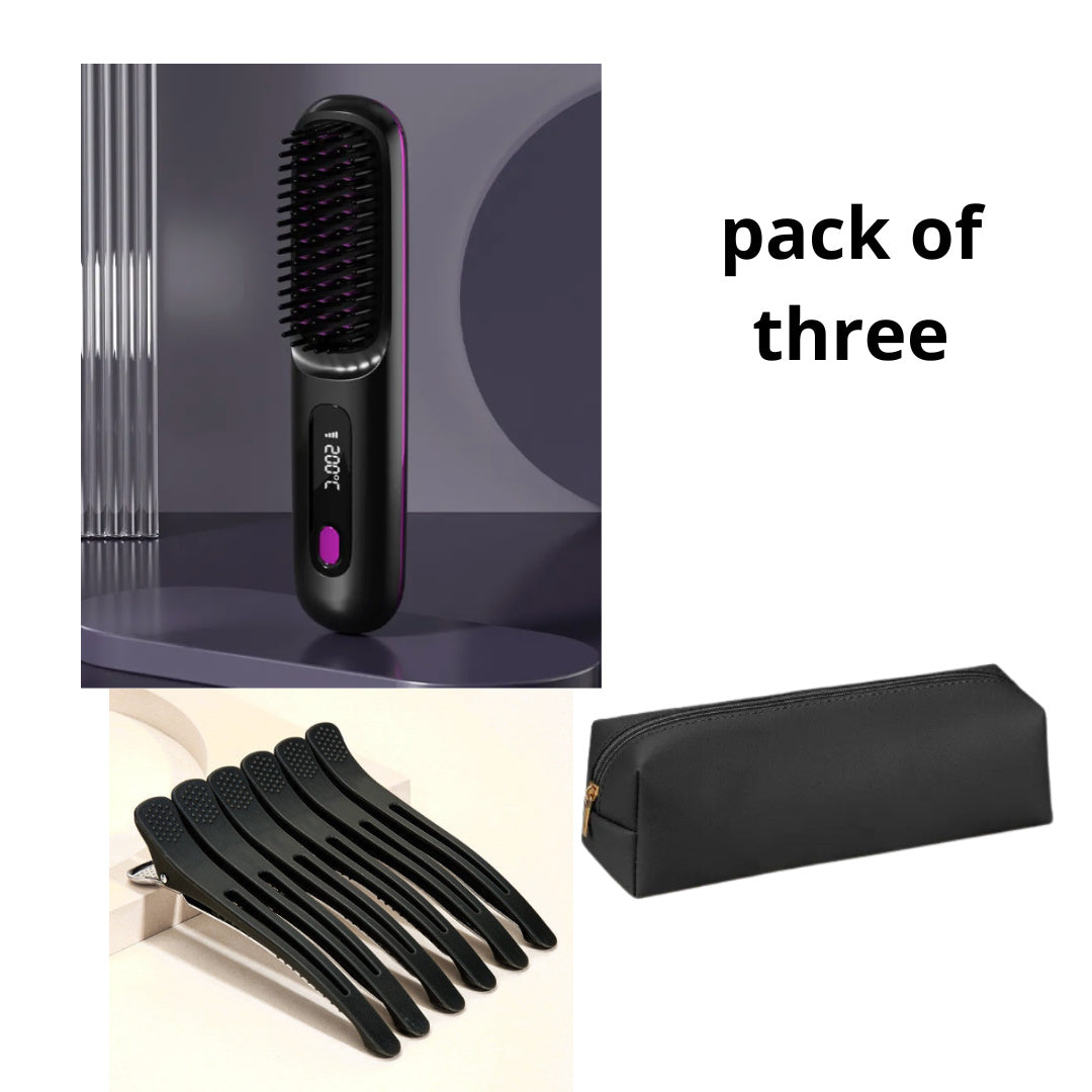 2 In 1 Straight Hair Comb Wireless Hair Straightener Brush Hair Fast Heating Portable Hot Curler USB Charging - YLORESHOP