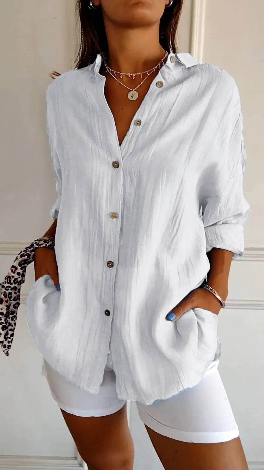 Lapel Long Sleeve Shirt Women's Single-breasted Pleated Shirt - YLORESHOP