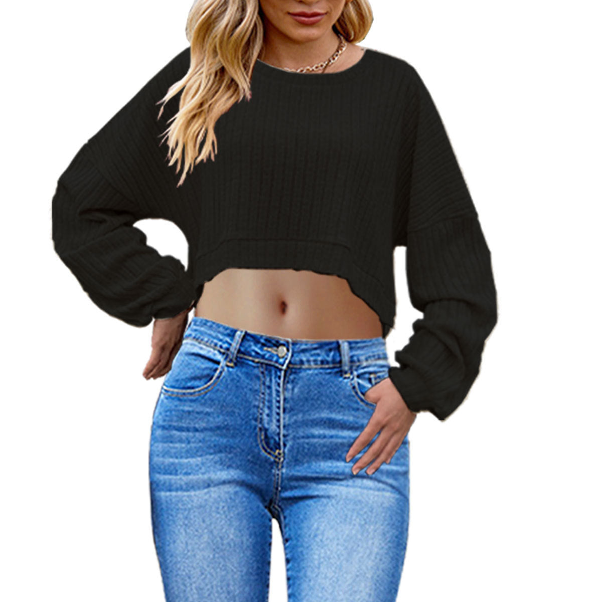 European And American Brushed Sunken Stripe Knitted Midriff-baring Long Sleeve Short T Women's Top - YLORESHOP