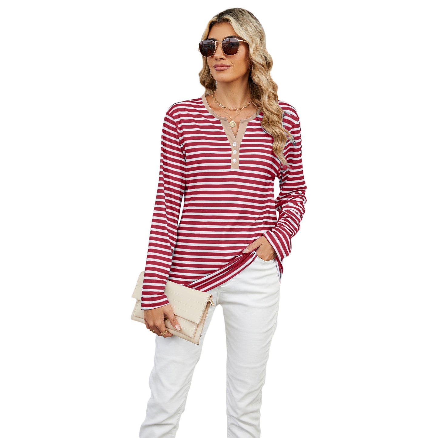 Women's V-neck Striped Loose Long-sleeved T-shirt Top - YLORESHOP