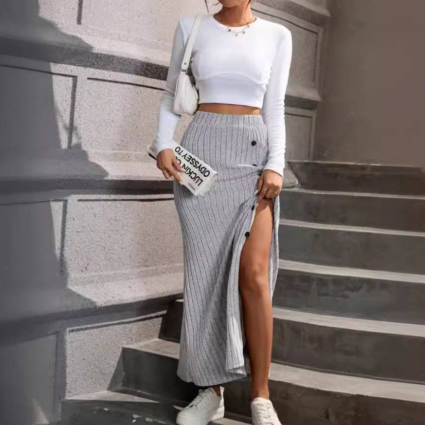 Women Knitted Dress Sunken Stripe Slit Fastener Decoration Sheath Skirt - YLORESHOP